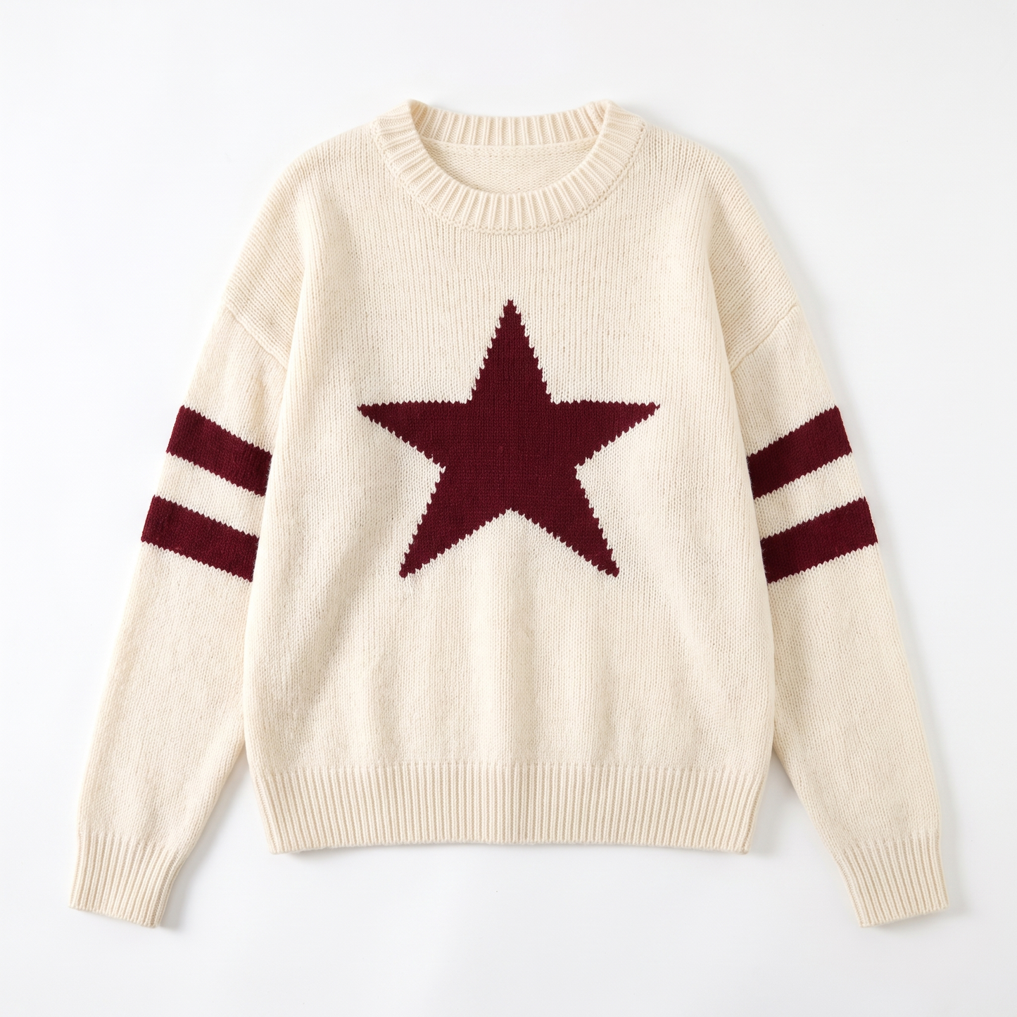 Sunoire european american style five pointed star jacquard knit breathable women s sweater fall winter loose fit round neck pullover garment flatlay 01