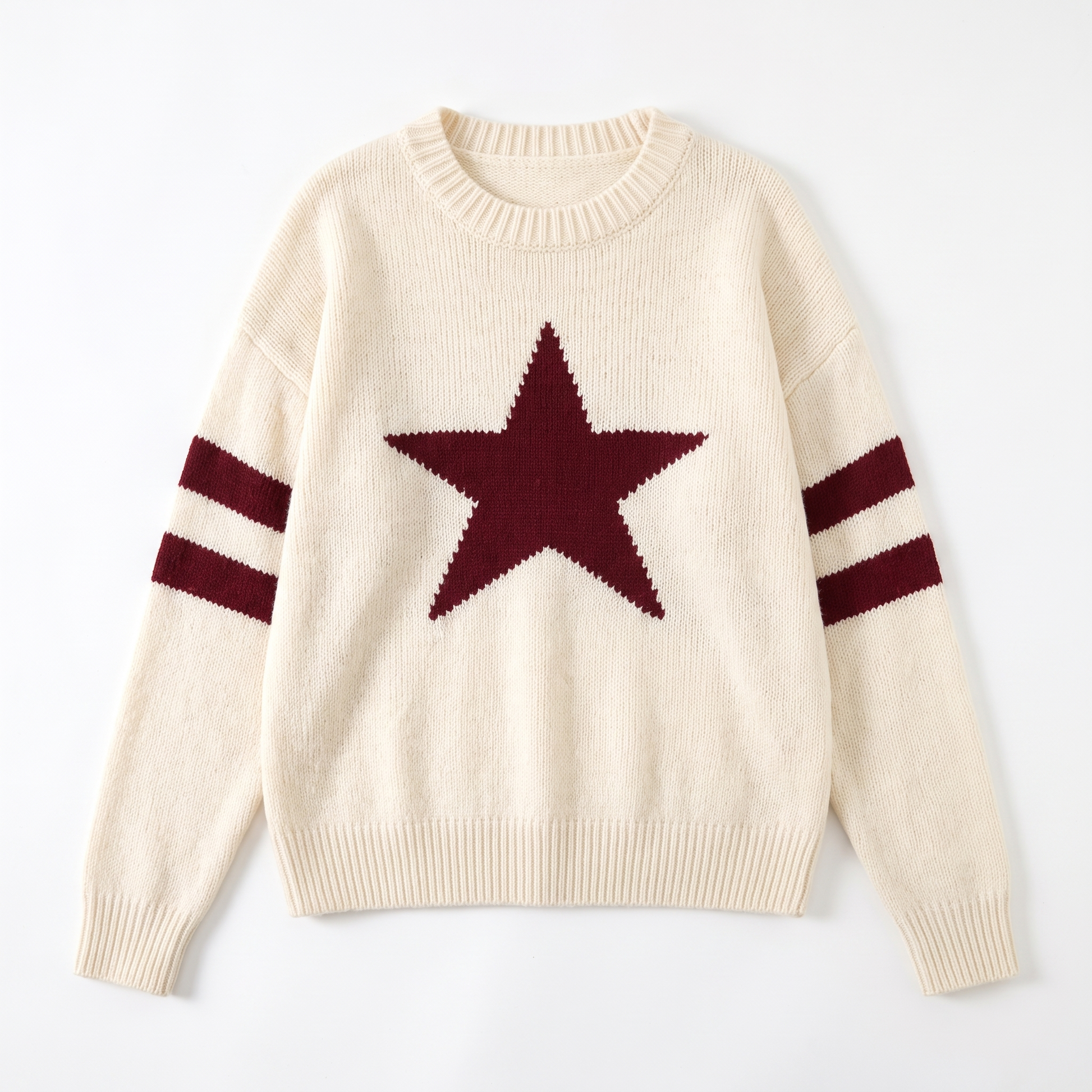 Sunoire european american style five pointed star jacquard knit breathable women s sweater fall winter loose fit round neck pullover garment flatlay 01