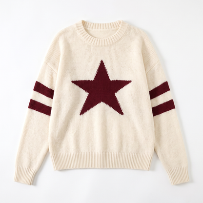 Sunoire european american style five pointed star jacquard knit breathable women s sweater fall winter loose fit round neck pullover garment flatlay 01