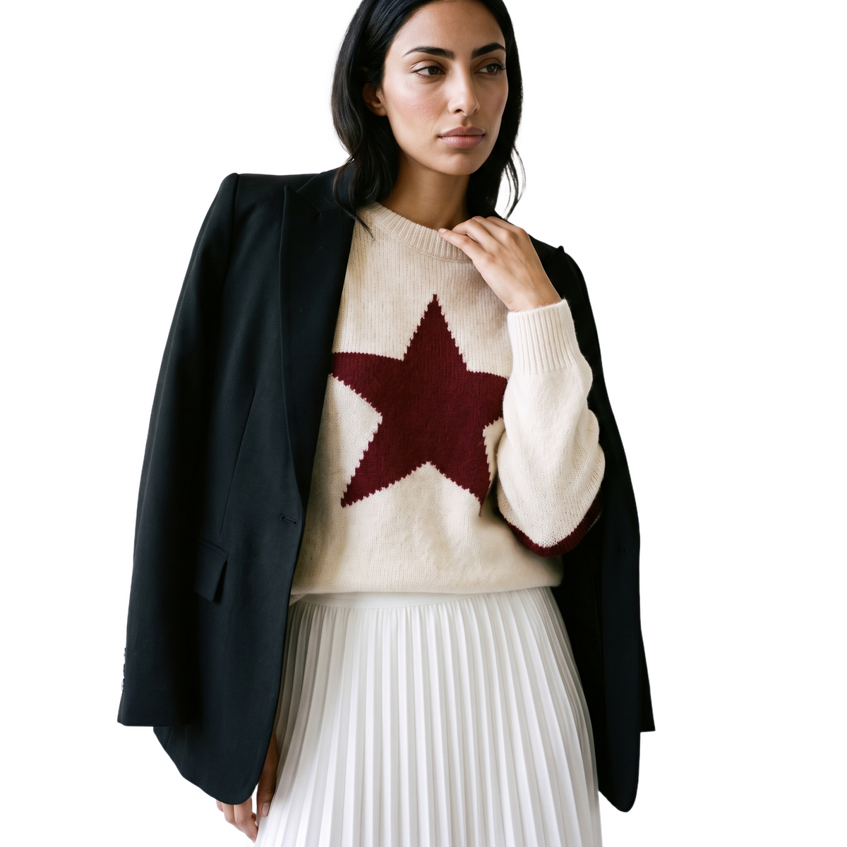 Sunoire european american style five pointed star jacquard knit breathable women s sweater fall winter loose fit round neck pullover top crop 3q 01