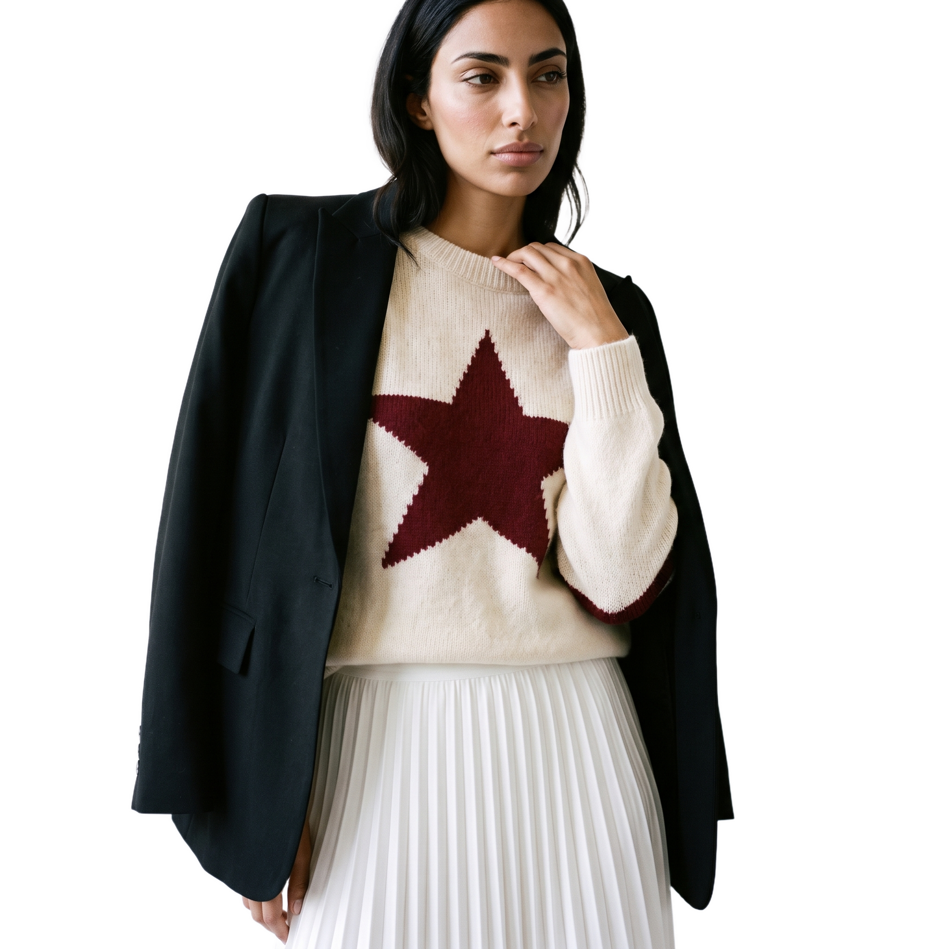 Sunoire european american style five pointed star jacquard knit breathable women s sweater fall winter loose fit round neck pullover top crop 3q 01
