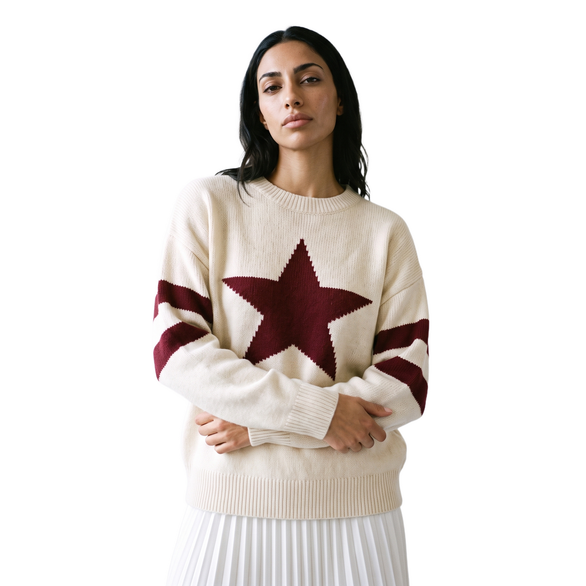 Sunoire european american style five pointed star jacquard knit breathable women s sweater fall winter loose fit round neck pullover top front crop 01