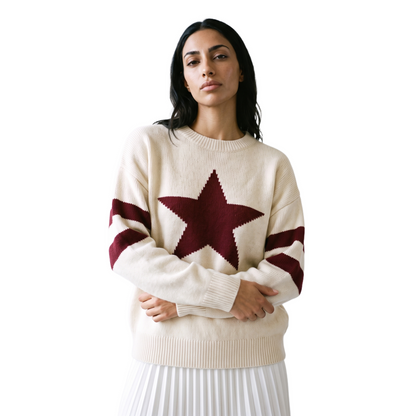 Sunoire european american style five pointed star jacquard knit breathable women s sweater fall winter loose fit round neck pullover top front crop 01