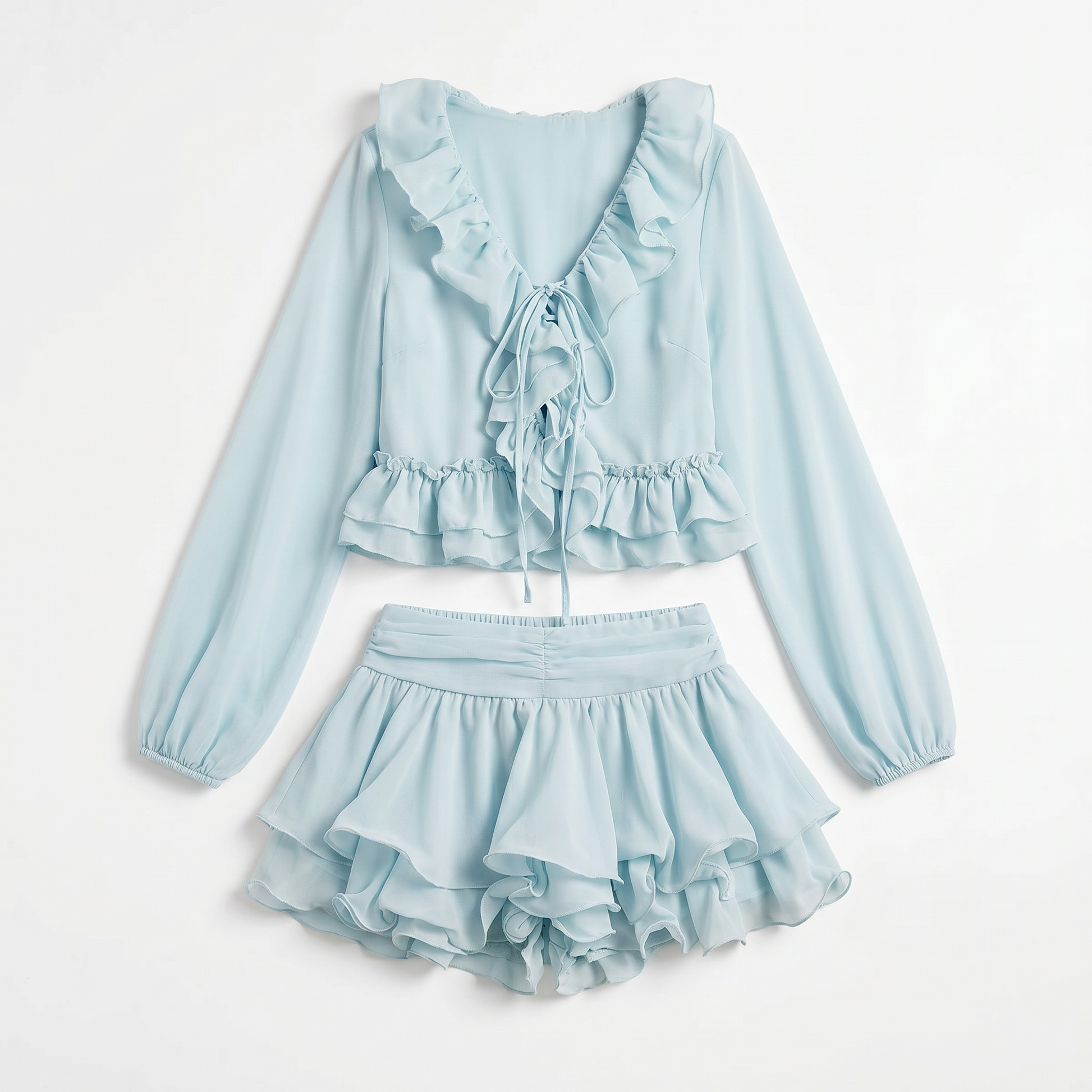 Sunoire evarn long sleeve ruffle skirt set mannequin blue 01