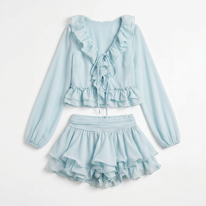 Sunoire evarn long sleeve ruffle skirt set mannequin blue 01
