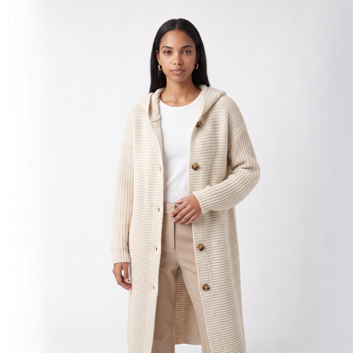 Sunoire evelyn womens hooded ribbed knit open front maxi cardigan colorway beige front crop 01