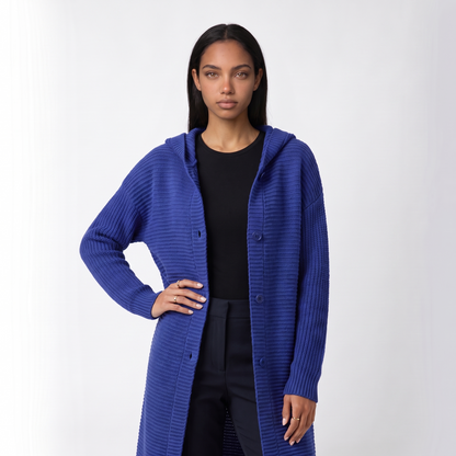 Sunoire evelyn womens hooded ribbed knit open front maxi cardigan colorway dark blue front crop 01