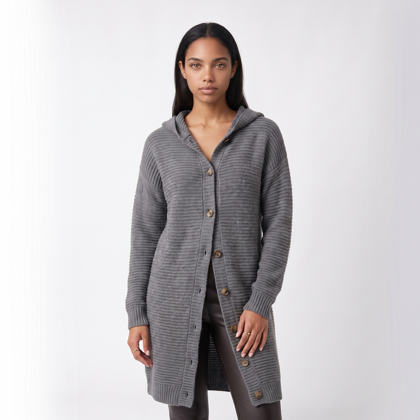 Sunoire evelyn womens hooded ribbed knit open front maxi cardigan colorway grey front crop 01