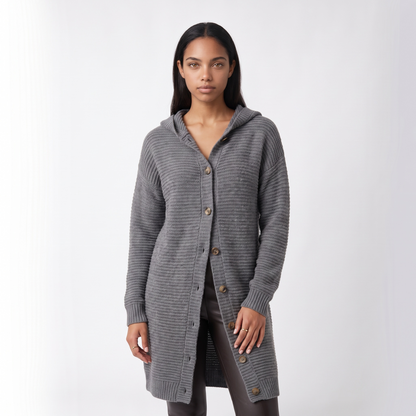 Sunoire evelyn womens hooded ribbed knit open front maxi cardigan colorway grey front crop 01
