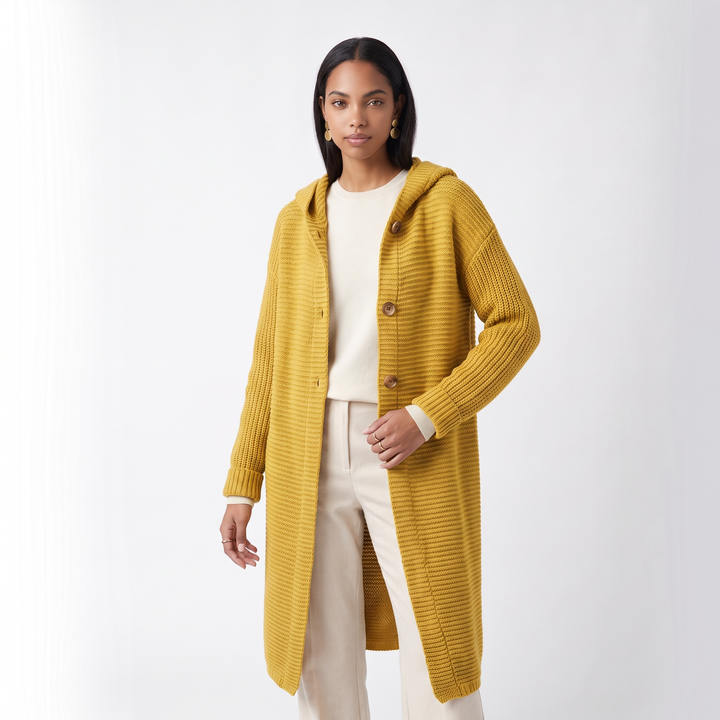 Sunoire evelyn womens hooded ribbed knit open front maxi cardigan colorway yellow front crop 01