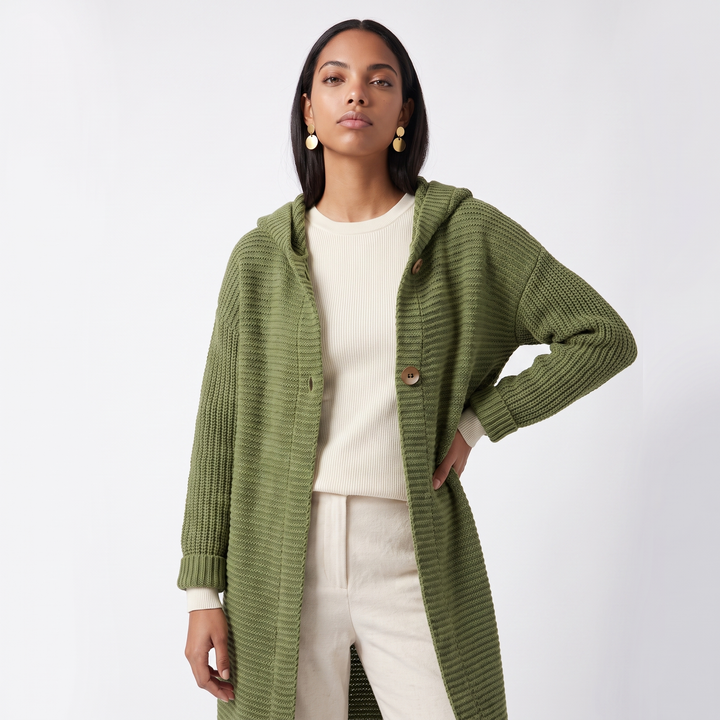 Sunoire evelyn womens hooded ribbed knit open front maxi cardigan top front crop 01
