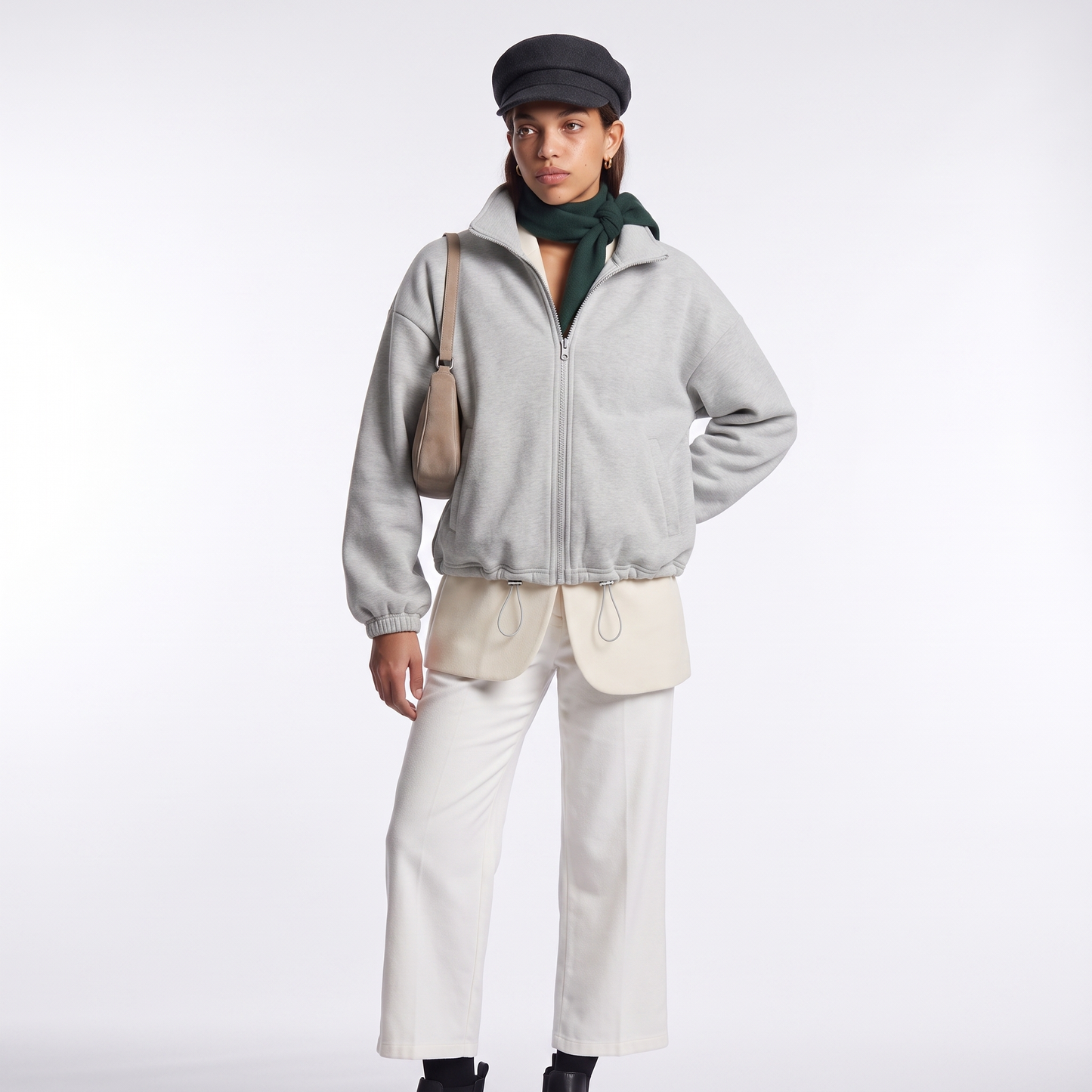 Sunoire fall winter new arrival women casual fleece lined long sleeve zippered stand collar drastwring hem sweatshirt colorway gray front hero 01