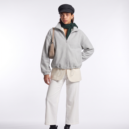 Sunoire fall winter new arrival women casual fleece lined long sleeve zippered stand collar drastwring hem sweatshirt colorway gray front hero 01