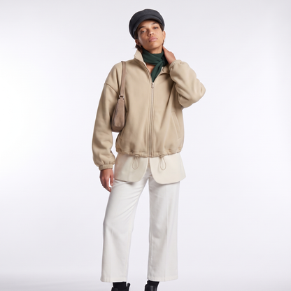 Sunoire fall winter new arrival women casual fleece lined long sleeve zippered stand collar drastwring hem sweatshirt colorway khaki front hero 01