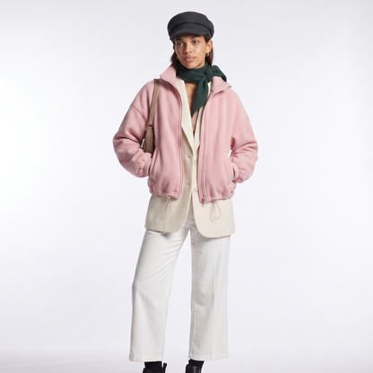 Sunoire fall winter new arrival women casual fleece lined long sleeve zippered stand collar drastwring hem sweatshirt colorway pink front hero 01