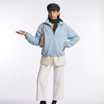 Sunoire fall winter new arrival women casual fleece lined long sleeve zippered stand collar drastwring hem sweatshirt colorway sky blue front hero 01
