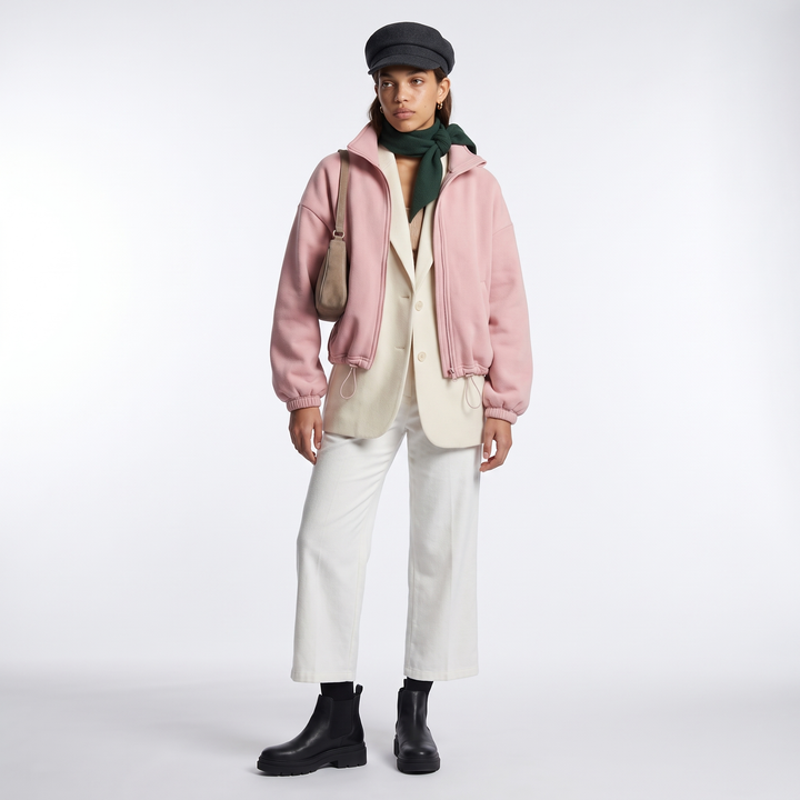 Sunoire fall winter new arrival women casual fleece lined long sleeve zippered stand collar drastwring hem sweatshirt front hero 01