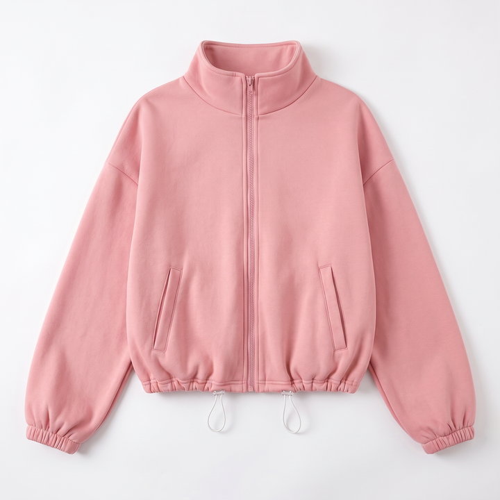 Sunoire fall winter new arrival women casual fleece lined long sleeve zippered stand collar drastwring hem sweatshirt garment flatlay 01