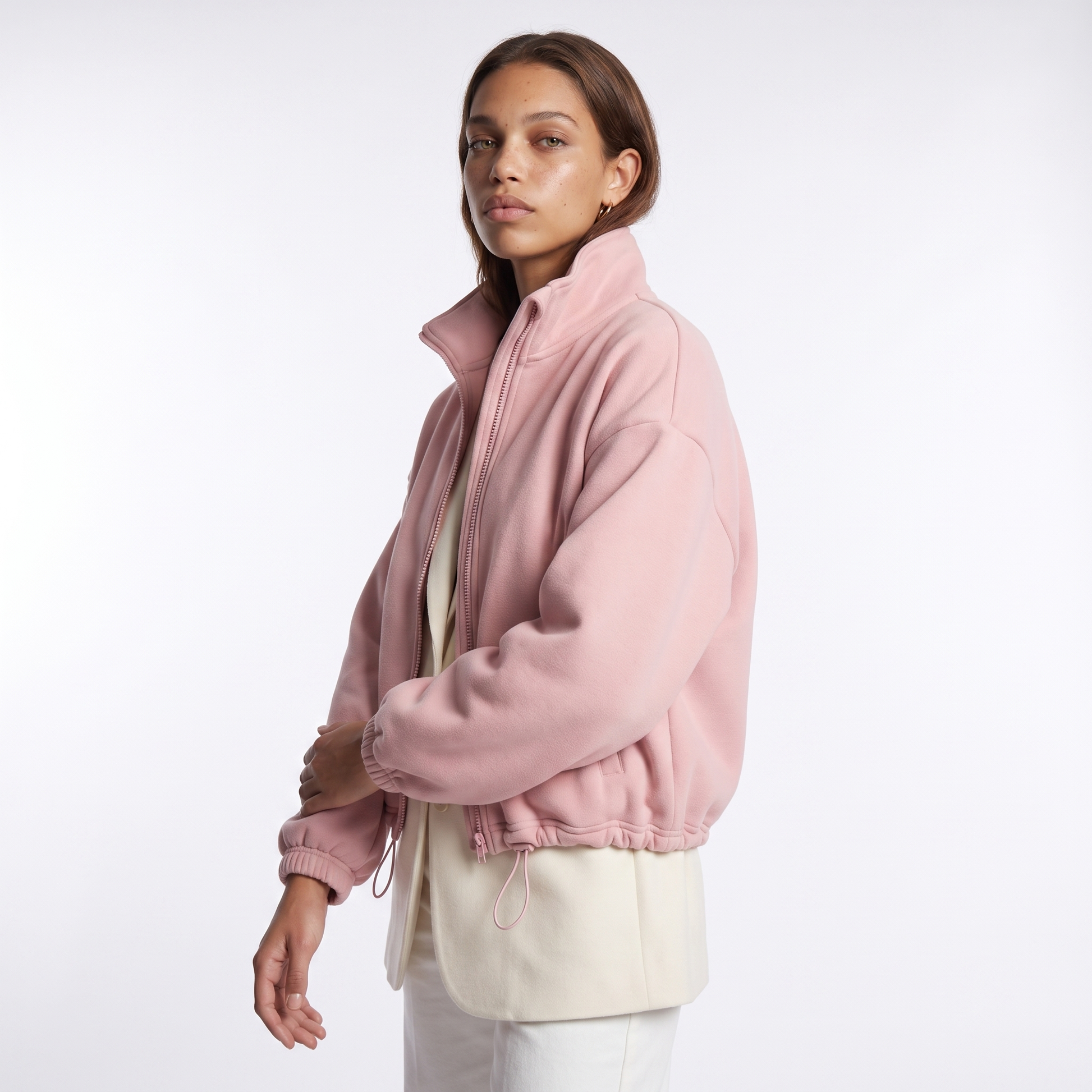 Sunoire fall winter new arrival women casual fleece lined long sleeve zippered stand collar drastwring hem sweatshirt top crop 3q 01