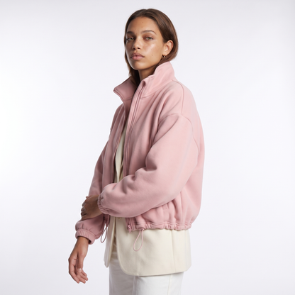 Sunoire fall winter new arrival women casual fleece lined long sleeve zippered stand collar drastwring hem sweatshirt top crop 3q 01