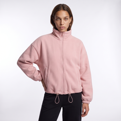 Sunoire fall winter new arrival women casual fleece lined long sleeve zippered stand collar drastwring hem sweatshirt top front crop 01