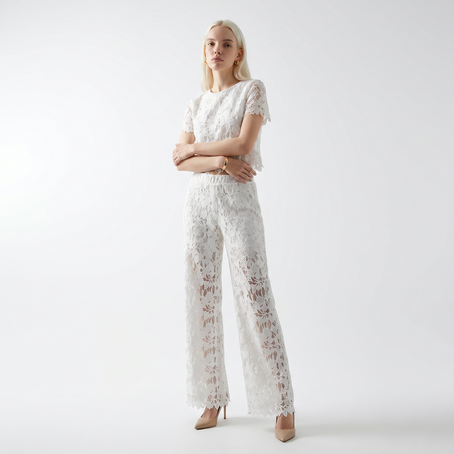 Sunoire fashion exquisite flowers hollow out two piece sets for women o neck short sleeve top loose pant daily office set front hero 01