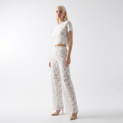 Sunoire fashion exquisite flowers hollow out two piece sets for women o neck short sleeve top loose pant daily office set three quarter 01