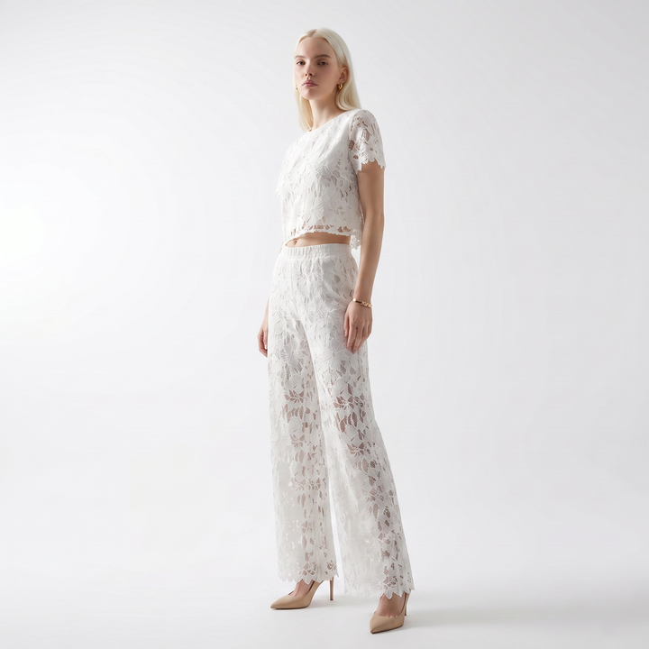 Sunoire fashion exquisite flowers hollow out two piece sets for women o neck short sleeve top loose pant daily office set three quarter 01