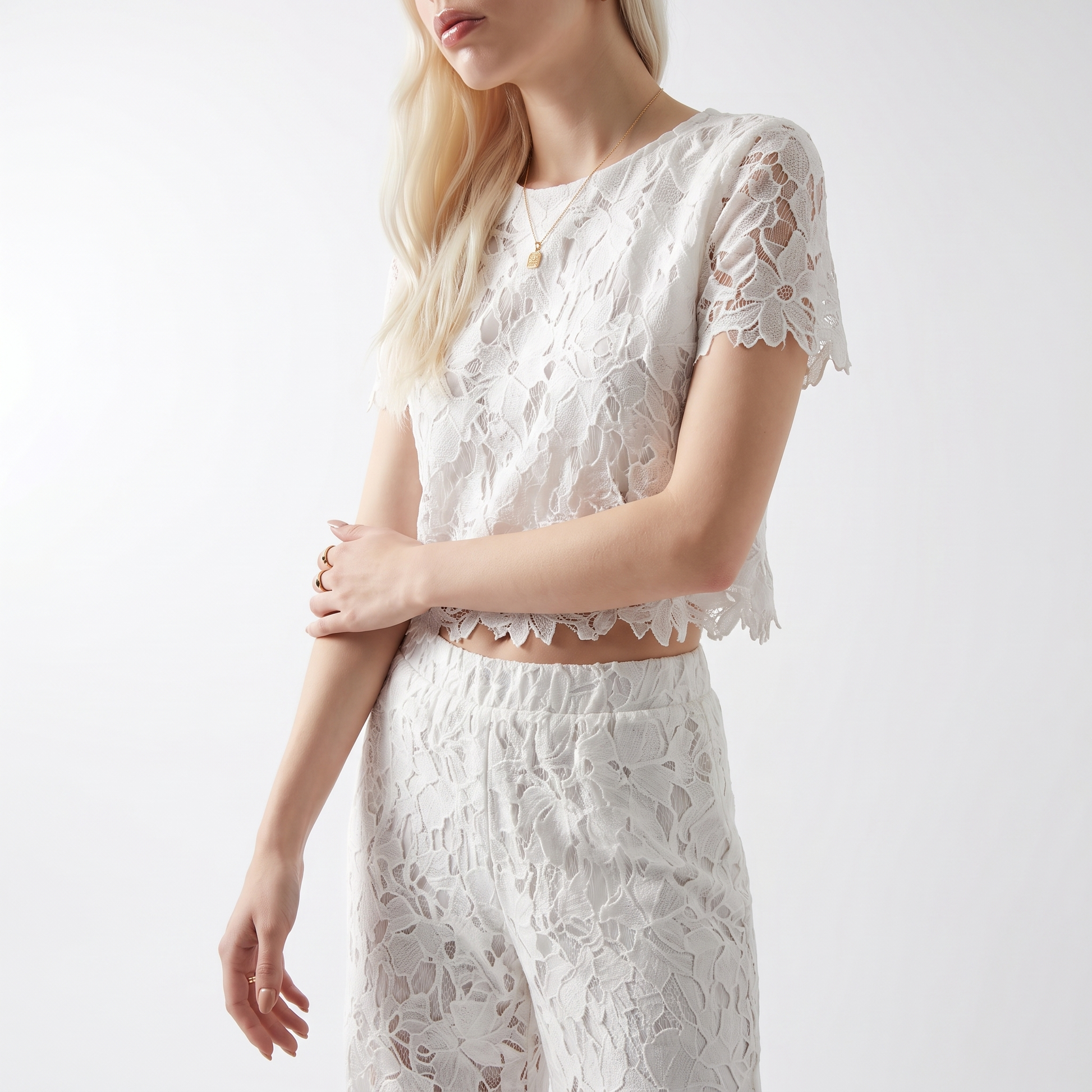 Sunoire fashion exquisite flowers hollow out two piece sets for women o neck short sleeve top loose pant daily office set torso crop 01