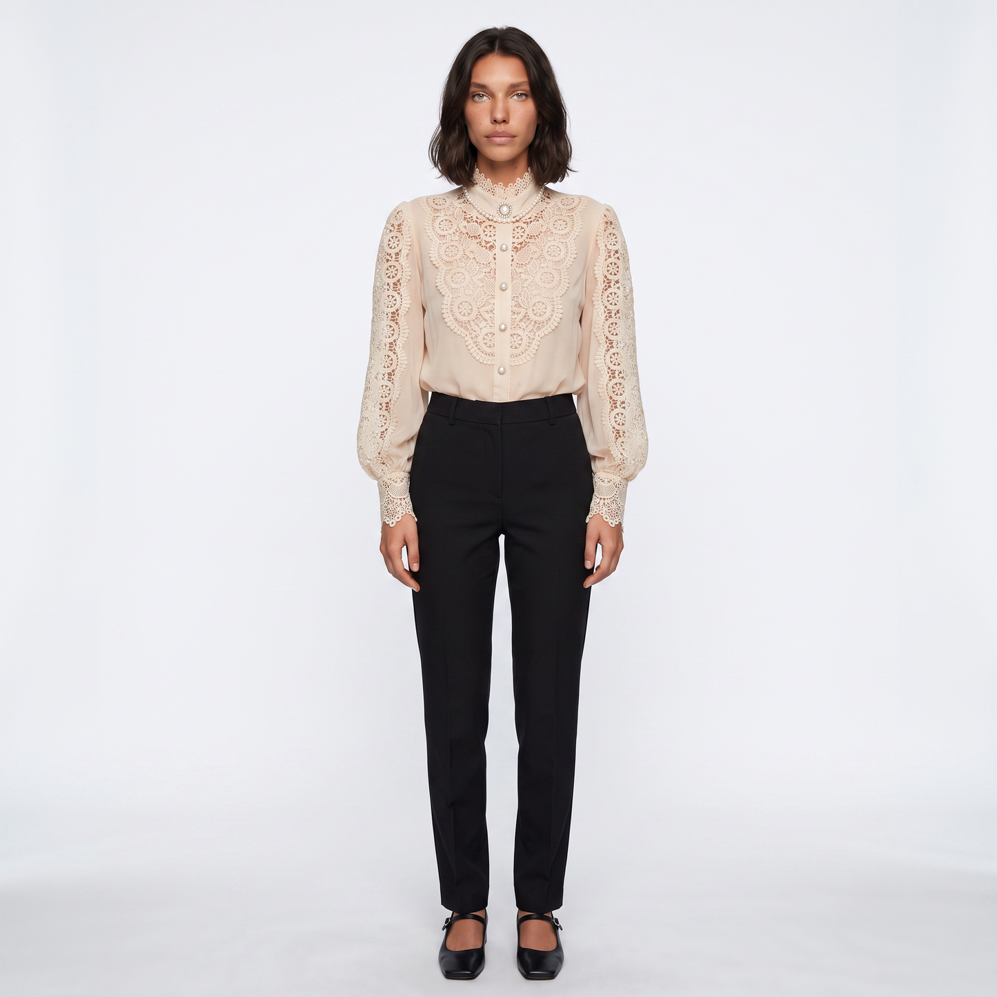 Sunoire fashion hollow oversize white blouse 2025 chic elegant floral lace fluffy long sleeve top women chiffon button turtleneck shirt front hero 01