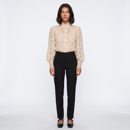 Sunoire fashion hollow oversize white blouse 2025 chic elegant floral lace fluffy long sleeve top women chiffon button turtleneck shirt front hero 01