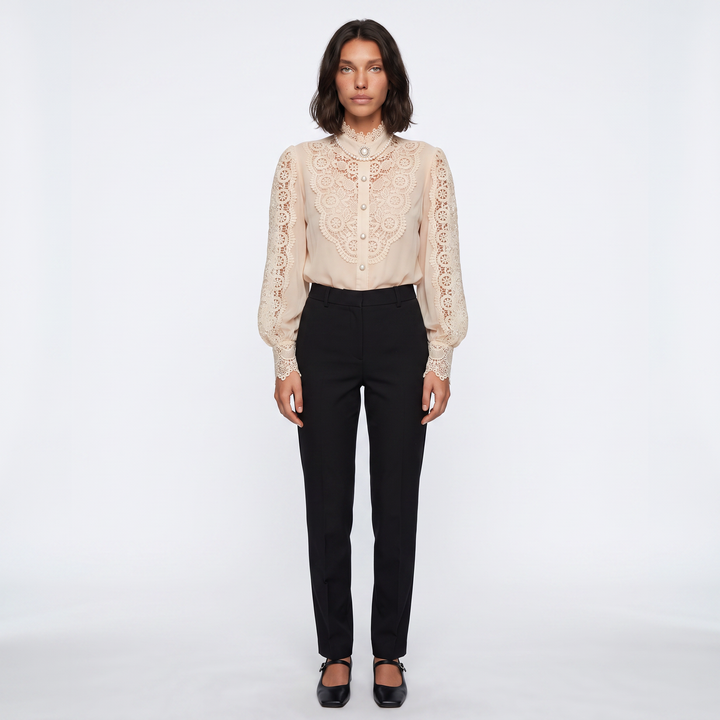 Sunoire fashion hollow oversize white blouse 2025 chic elegant floral lace fluffy long sleeve top women chiffon button turtleneck shirt front hero 01