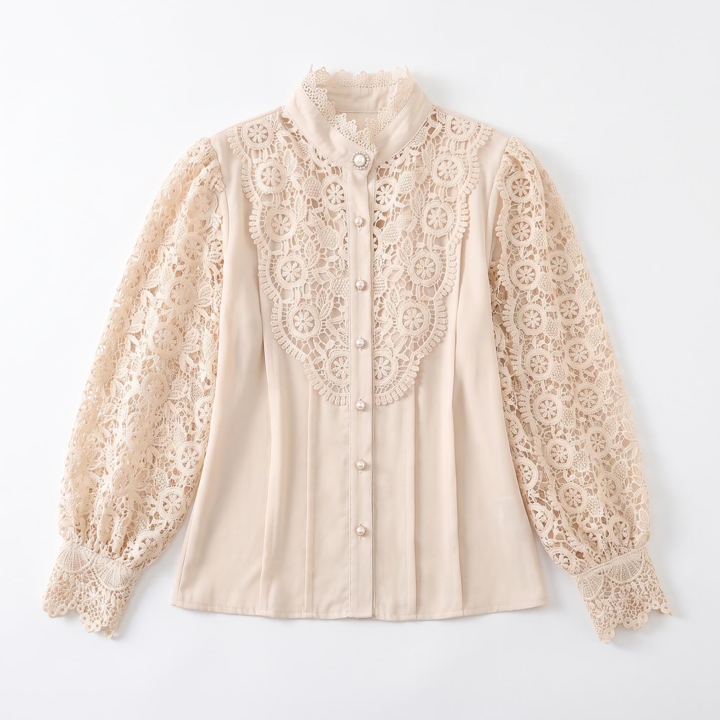 Sunoire fashion hollow oversize white blouse 2025 chic elegant floral lace fluffy long sleeve top women chiffon button turtleneck shirt garment flatlay 01