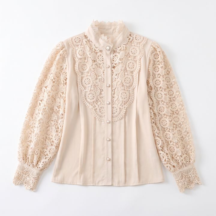 Sunoire fashion hollow oversize white blouse 2025 chic elegant floral lace fluffy long sleeve top women chiffon button turtleneck shirt garment flatlay 01
