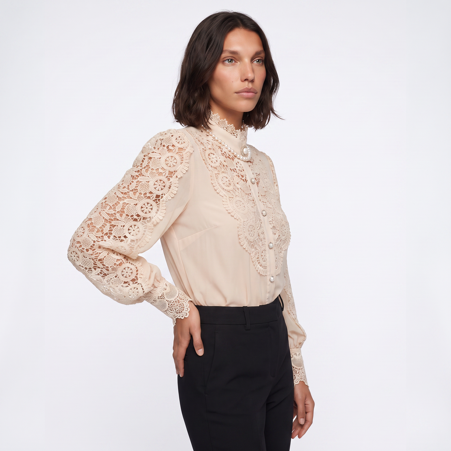 Sunoire fashion hollow oversize white blouse 2025 chic elegant floral lace fluffy long sleeve top women chiffon button turtleneck shirt top crop 3q 01