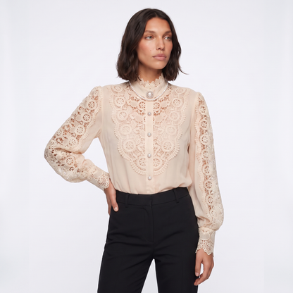 Sunoire fashion hollow oversize white blouse 2025 chic elegant floral lace fluffy long sleeve top women chiffon button turtleneck shirt top front crop 01