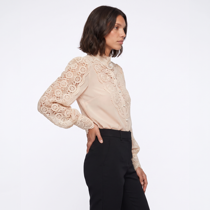 Sunoire fashion hollow oversize white blouse 2025 chic elegant floral lace fluffy long sleeve top women chiffon button turtleneck shirt top side crop 01
