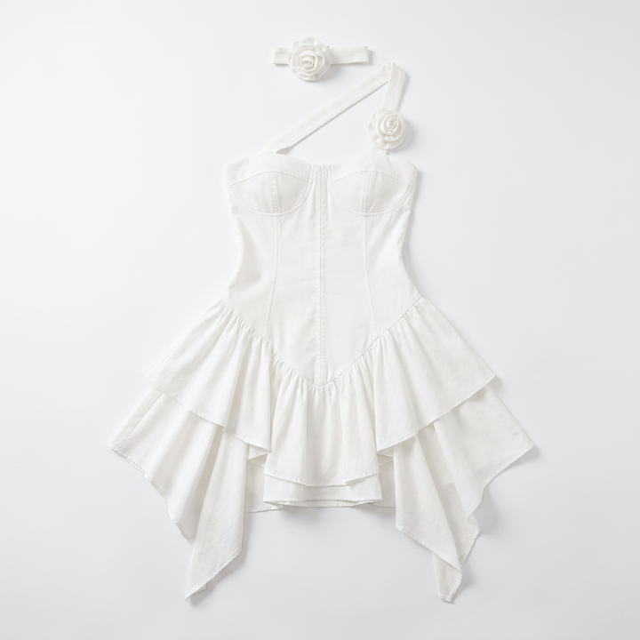 Sunoire fashionable elegant halter casual mini fashionable cute pleated fluffy summer women dress garment flatlay 01