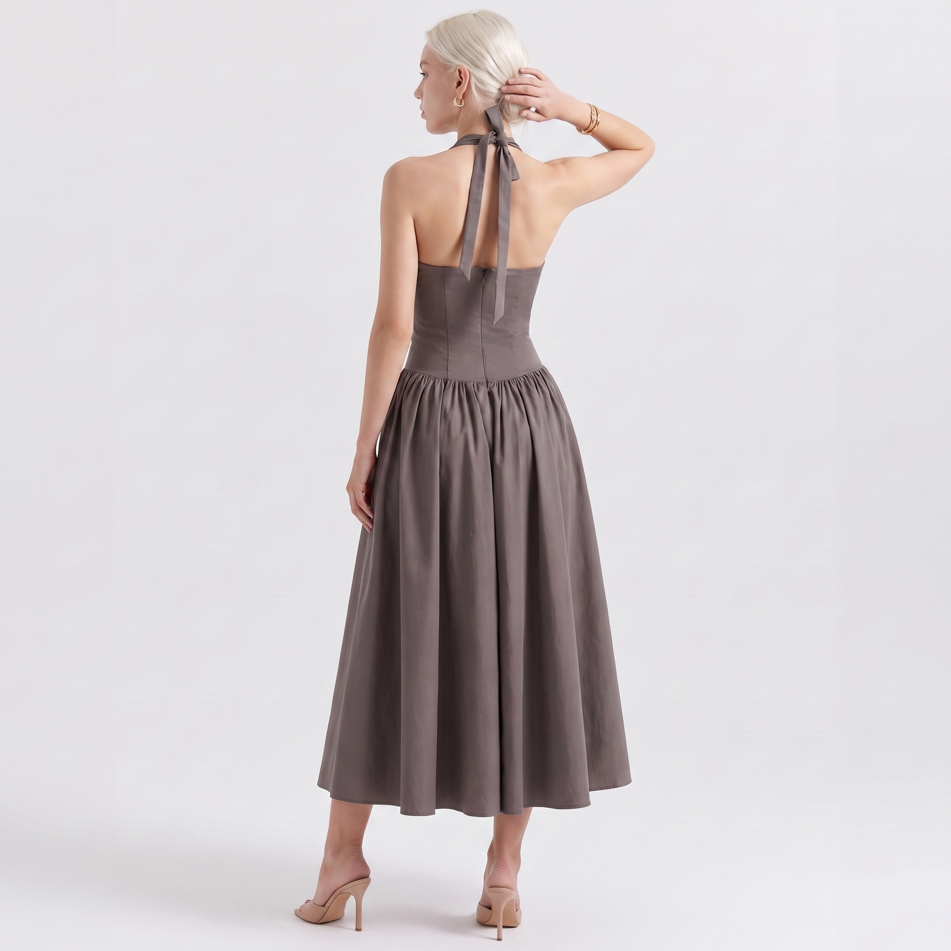 Corset Bustier Halter Neck Midi Dress – Backless Wedding Guest Dress – Sunoire