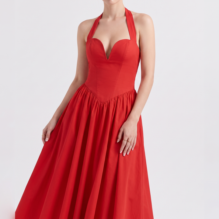 Sunoire fashionable elegant halter solid color sleeveless casual midi dresses women colorway red front crop 01