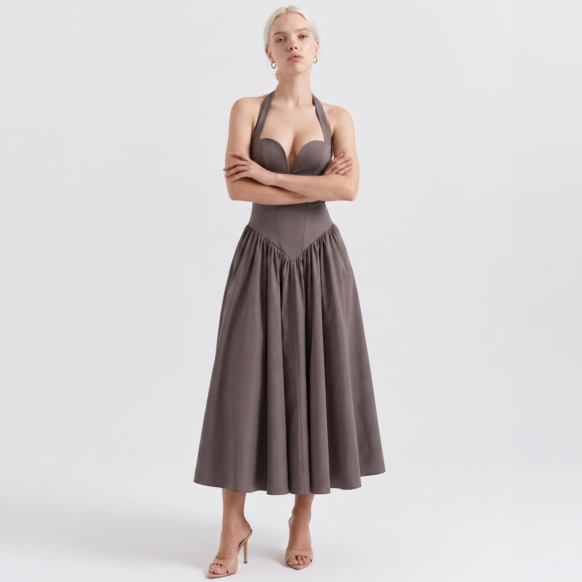 Sunoire fashionable elegant halter solid color sleeveless casual midi dresses women front hero 01