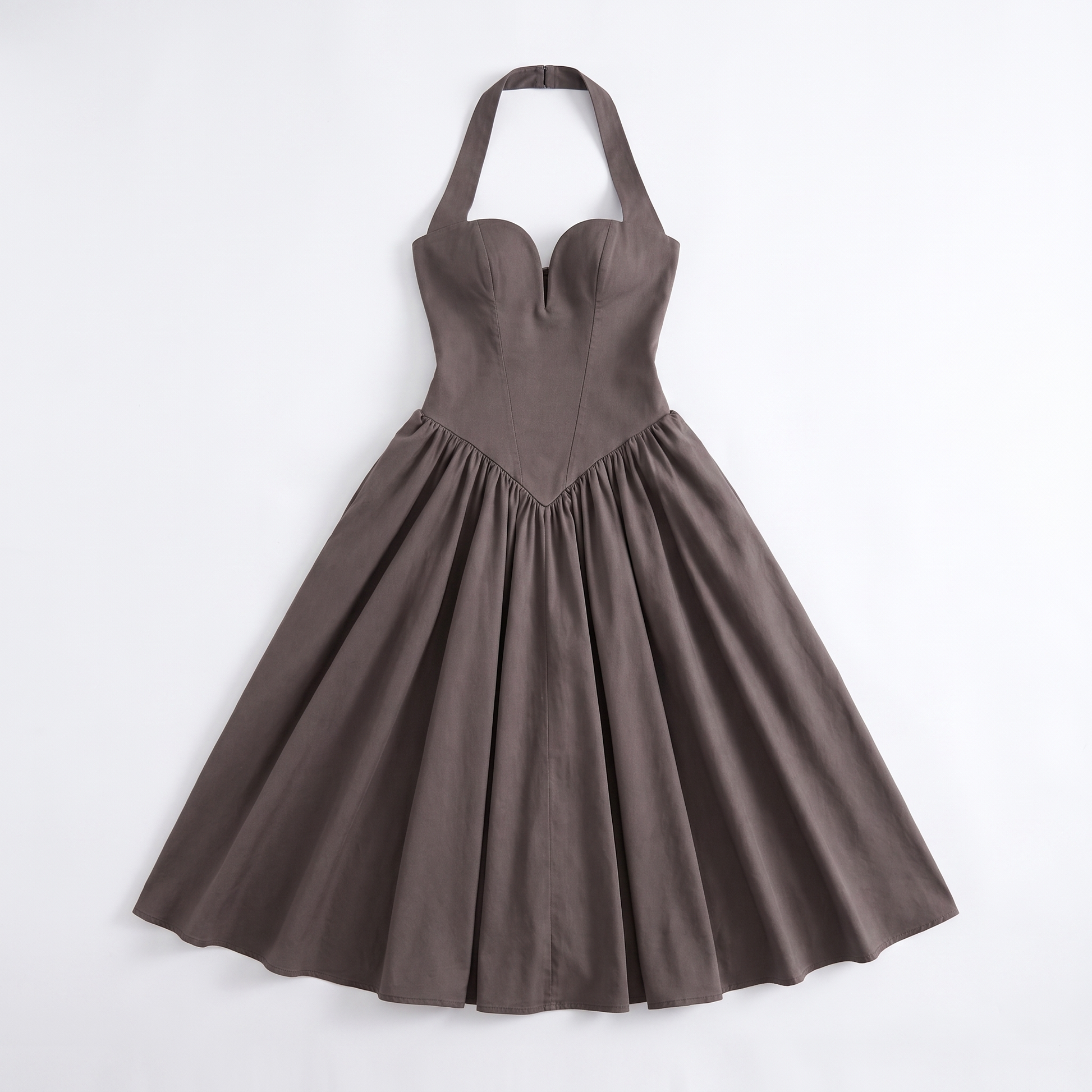 Sunoire fashionable elegant halter solid color sleeveless casual midi dresses women garment flatlay 01