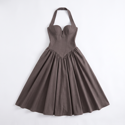 Sunoire fashionable elegant halter solid color sleeveless casual midi dresses women garment flatlay 01