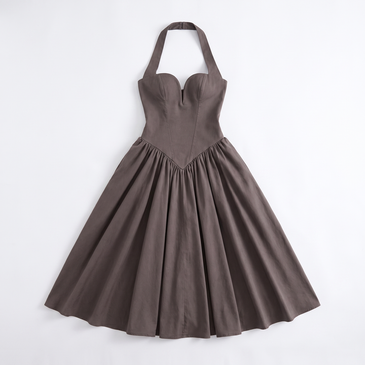 Sunoire fashionable elegant halter solid color sleeveless casual midi dresses women garment flatlay 01