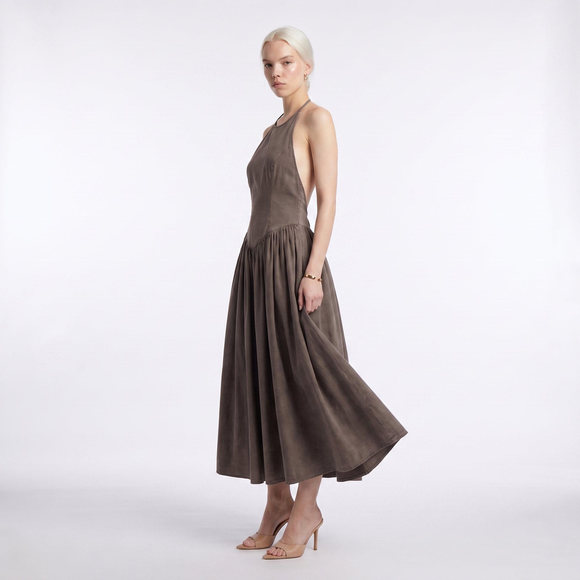 Sunoire fashionable elegant halter solid color sleeveless casual midi dresses women three quarter 01