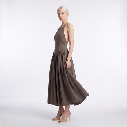 Sunoire fashionable elegant halter solid color sleeveless casual midi dresses women three quarter 01