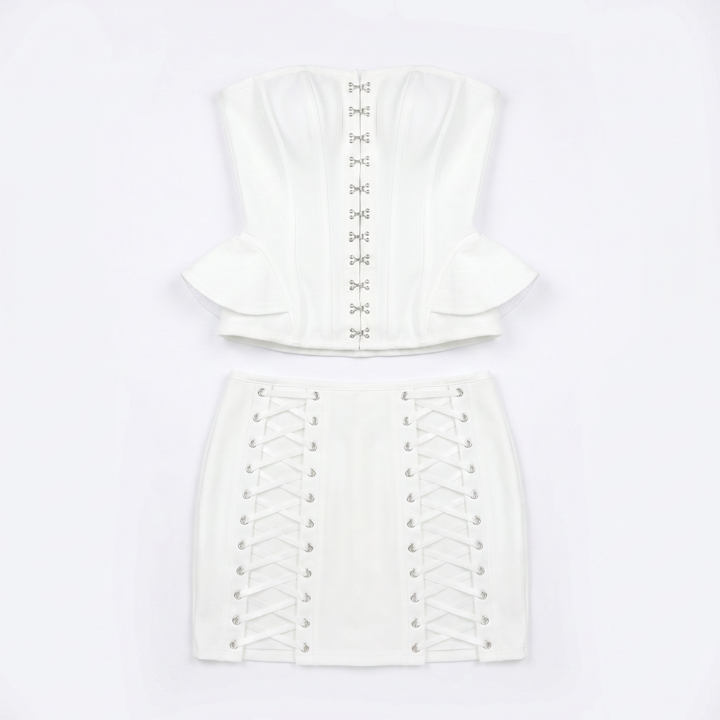 Sunoire fashionable elegant white strapless corset top and lace up mini skirt set sexy luxurious dresses for women birthday party garment flatlay 01