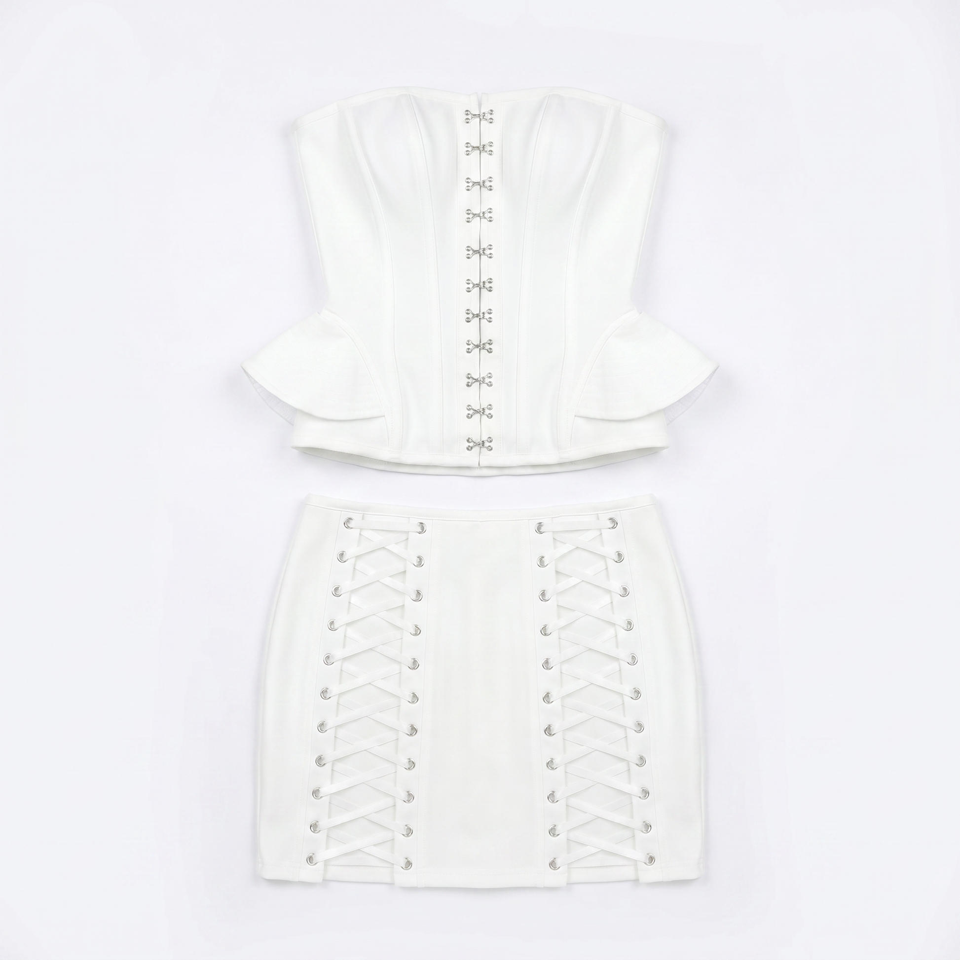 Sunoire fashionable elegant white strapless corset top and lace up mini skirt set sexy luxurious dresses for women birthday party garment flatlay 01