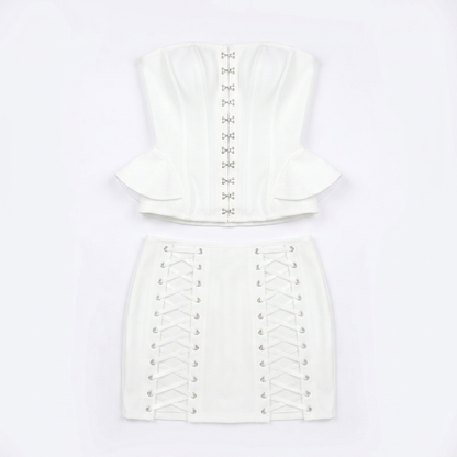Sunoire fashionable elegant white strapless corset top and lace up mini skirt set sexy luxurious dresses for women birthday party garment flatlay 01