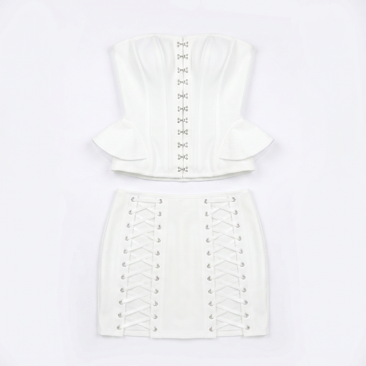 Sunoire fashionable elegant white strapless corset top and lace up mini skirt set sexy luxurious dresses for women birthday party garment flatlay 01